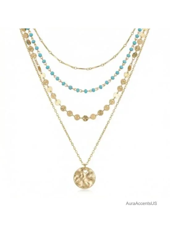 Boho Layered Coin Necklace Set 4 Piece Bohemian Gold Tone Metal Chain Women