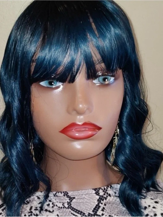 Blue Synthetic Wavy Wig with Bangs - Women Hair