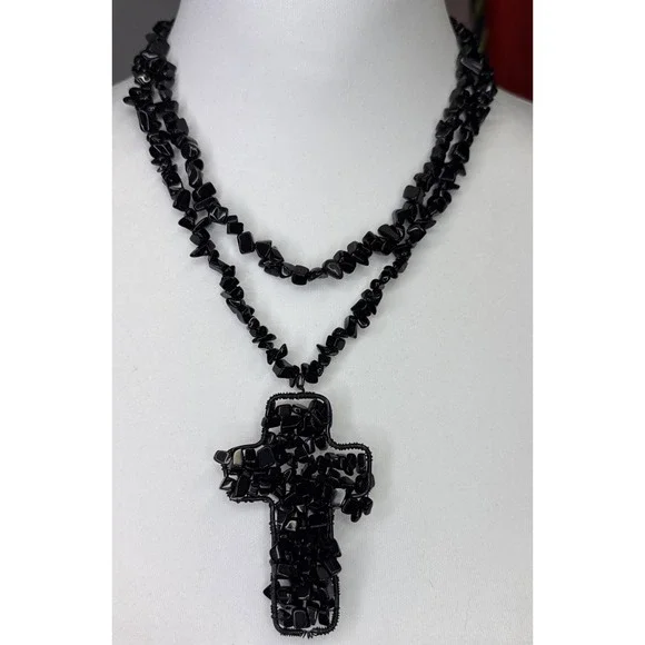 Double‎ Strand  Cross 2 Necklace Chunky Choker Black Stone Whimsigoth Goth