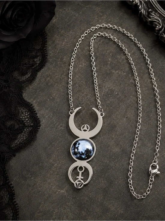 Silver Moon Phase Pendant Necklace with Blue Cabochon New