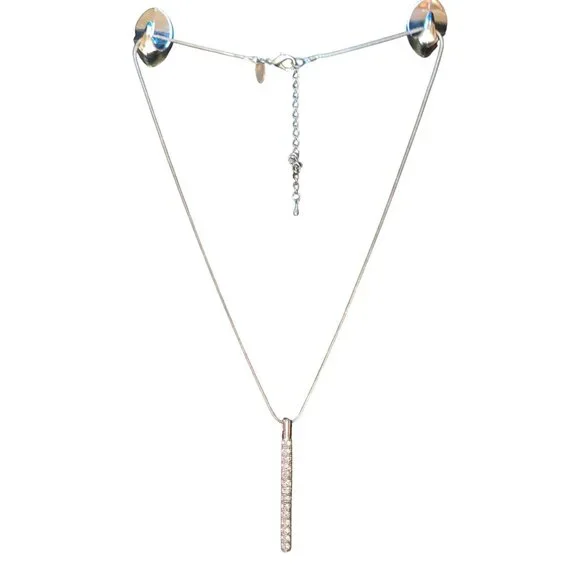 Silver Necklace with a Vertical Tube with White/Clear Rhinestones Pendant Adjust