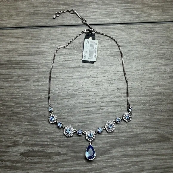 Givenchy Silver Tone Blue Crystal Floral Teardrop Statement Necklace New