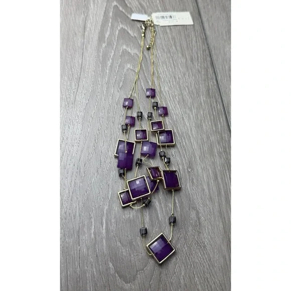 Macy's Purple Geometric Statement Necklace Gold Tone Multi Strand Square New