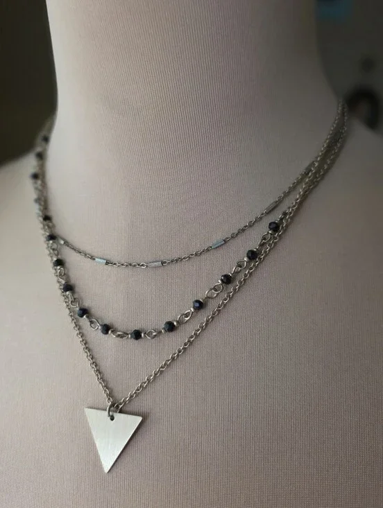 Layered‎ Gold Triangle Necklace Minimalist Beaded Multi Strand Choker 18