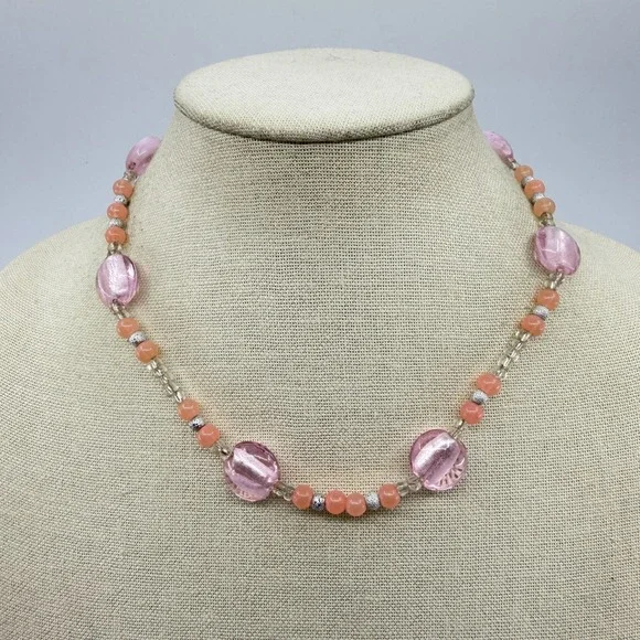 Necklace Pink Foil Glass Bead Peach Coral Silver Tone Boho Artisan Statement