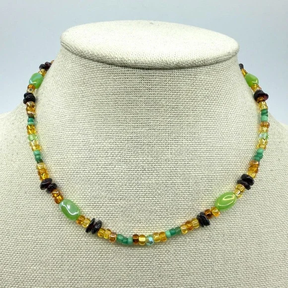 Necklace Vintage Green Amber Tone Glass Beaded Cottagecore Boho Statement Chain