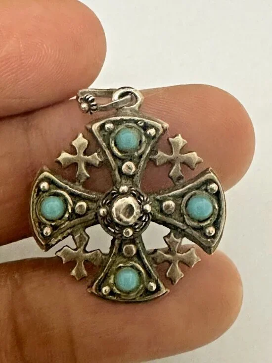 Vintage Jerusalem Cross Pendant Silver Tone Turquoise Stones 1 Inch