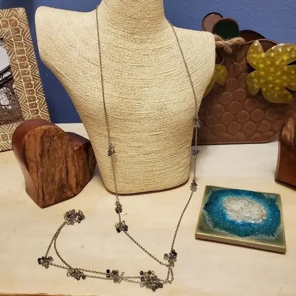 Coldwater Creek Gunmetal Long Beaded Necklace Grey Iridescent Navy‎ Cluster