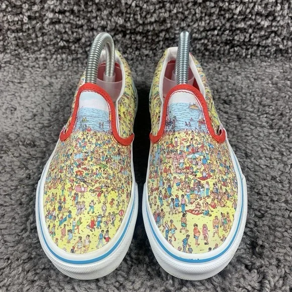 Vans X Where's Waldo Slip-On Kids Size 2 Shoes Red/Yellow Canvas