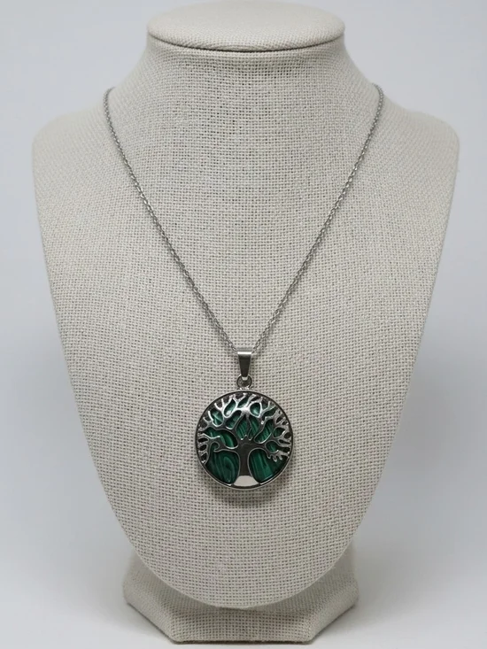 Silver-Tone Tree of Life Necklace with Emerald Green Enamel