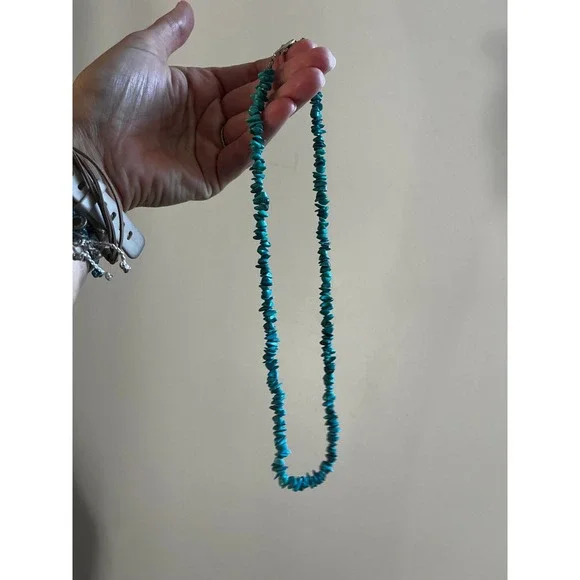 Vintage Turquoise Chip Nugget Necklace Blue Boho Desert Silver Artisan Earthy