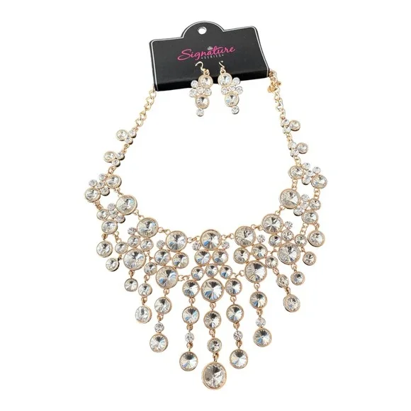 Paparazzi Zi Collection The Rosa Signature Series Gold Rhinestone Necklace Set