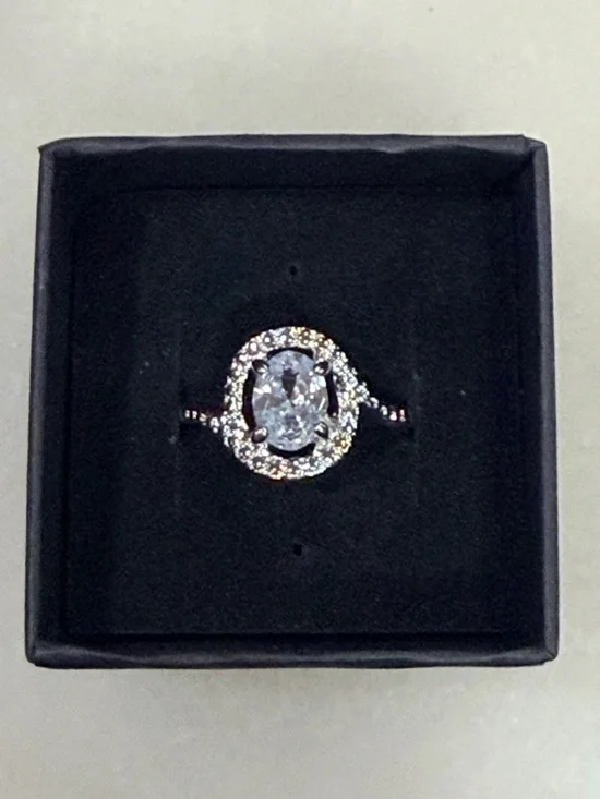 Artisan Silver-Tone Halo Oval Ring with Clear Center Stone Size 8