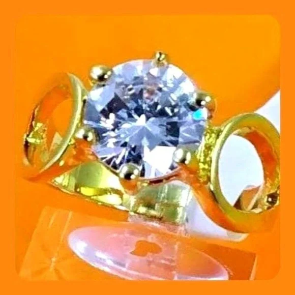 Vintage Gold Tone 3.25ct Round CZ Solitaire‎ Statement Ring Size 9 NOS