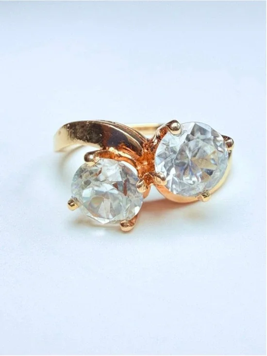14K Solid Yellow Gold 2 CT White Topaz Toi Et Moi Art Deco Revival VTG RIng