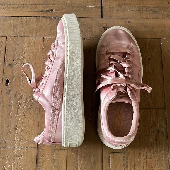 Puma basket pink satin platform sneakers