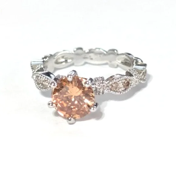 Amber Glass Round Rhinestone Silver Tone Ring Size‎ 7 Ornate R-TN20