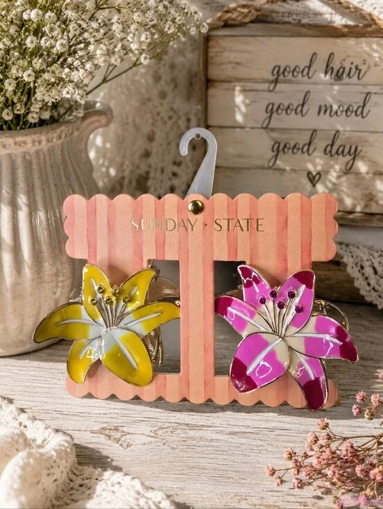 Sunday State Metal Lily Flower Hair Clips Pink Yellow Set of 2,  NWT