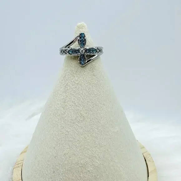Blue Rhinestone Cross Ring Size 8