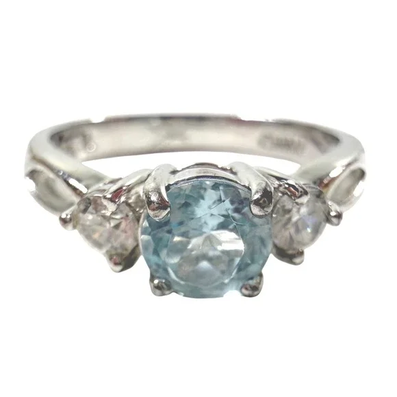 925 Sterling Silver Light Blue Aquamarine Three Stone Ring Size 6 Vintage 1990s