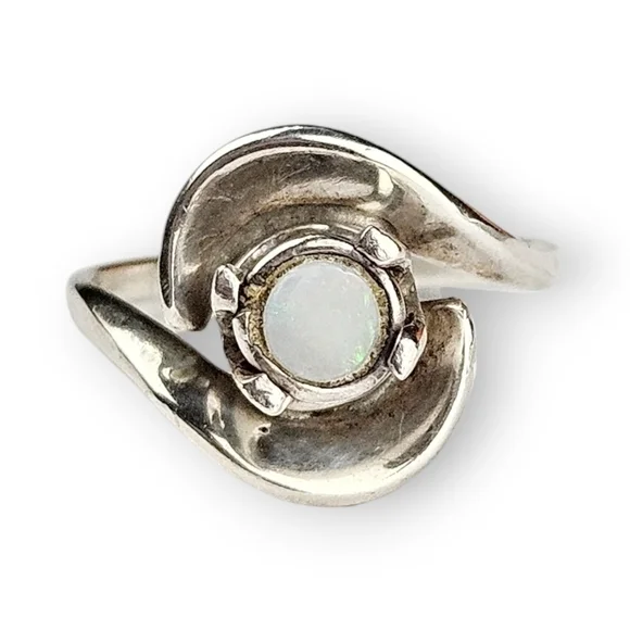 Sterling Opal Bypass Ring Wave Design 925 Silver Lab Created Vintage Size 6.5