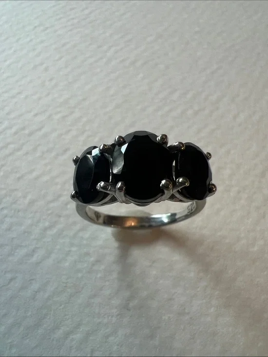 Sterling Silver Black Stone Three-Stone Ring
