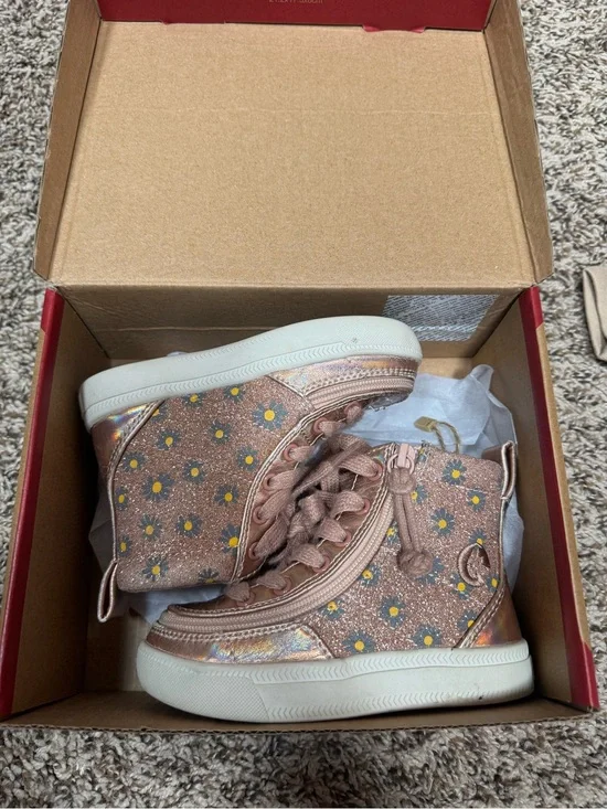 Billy Footwear Kids Rose Gold Glitter High-Top Sneakers with Daisy Detail