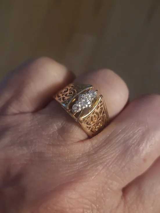 Gold 14k Yellow Filigree Band Ring with Diamonds Stone Accent - Women Jewelry
