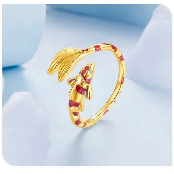 18K Gold Bohemian Lucky Koi Fish Enameled Detailing Ring Open Ring Adjustable