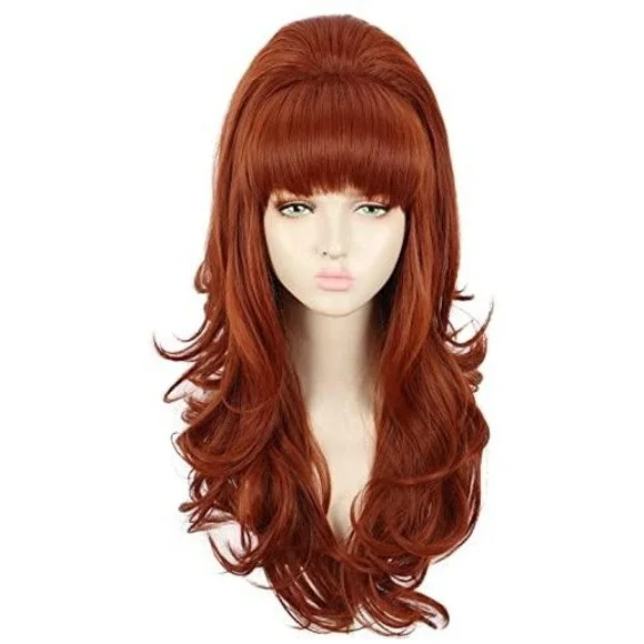 Long Copper Red Beehive Wig with Bangs 60s Retro Bouffant Wavy Synthetic Cosplay