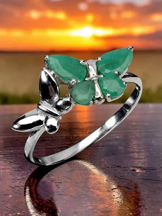 925 Sterling Silver Ring Pear Emerald 6x4mm Natural Gemstone Jewelry Size 8