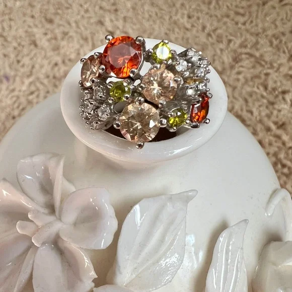 Multi stone green/orange Sterling cocktail ring - 6