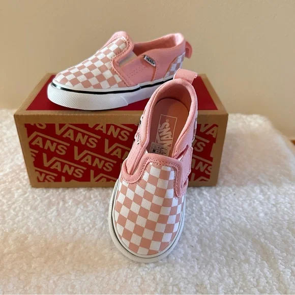 Vans Kids Pink and White Checkered Slip-On Sneakers