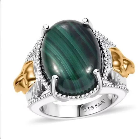 Malachite 16.5 ctw Lion Motif Statement Ring Bold Southwestern Style 18K YG Sz 5