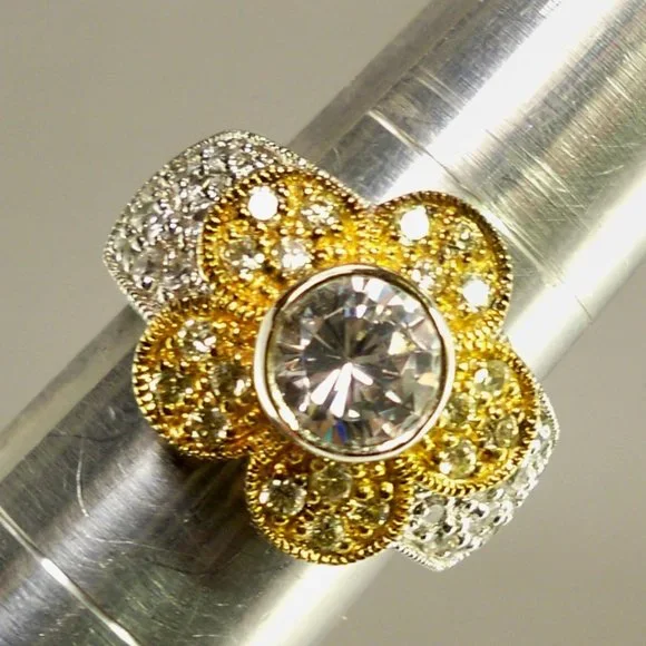NEW Vintage Charles Winston Flower Yellow Cubic Zirconias Gold Silver Ring