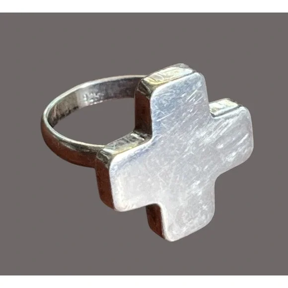 STERLING SILVER Statement Ring FLAT BLOCK STYLE BAR CROSS Boho Chic SIZE 8