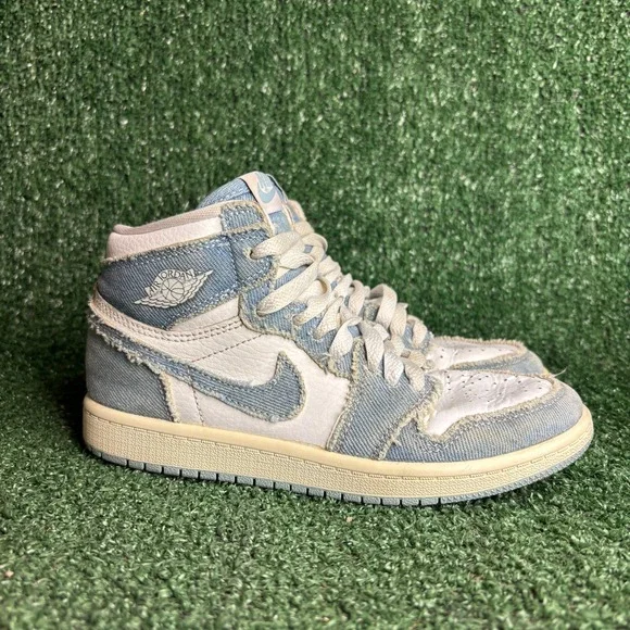 Air Jordan 1 Retro High OG Frayed Denim Distressed Sneakers Blue Youth Size 1.5Y