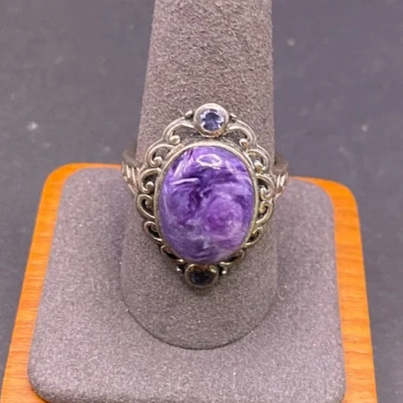 Vintage D'Joy 925 Sterling Silver Charoite Oval Cabochon Ring Filigree Sz 9.75