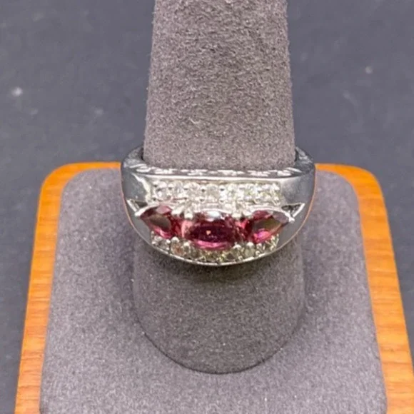 RJ INDIA 925 Sterling Silver Red Garnet Cubic Zirconia 3-Stone Band Ring Sz 9.75