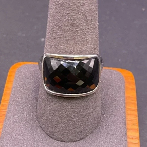 Vintage Sterling Silver 925 Thailand Faceted Black Onyx Dome Ring Size 9.75