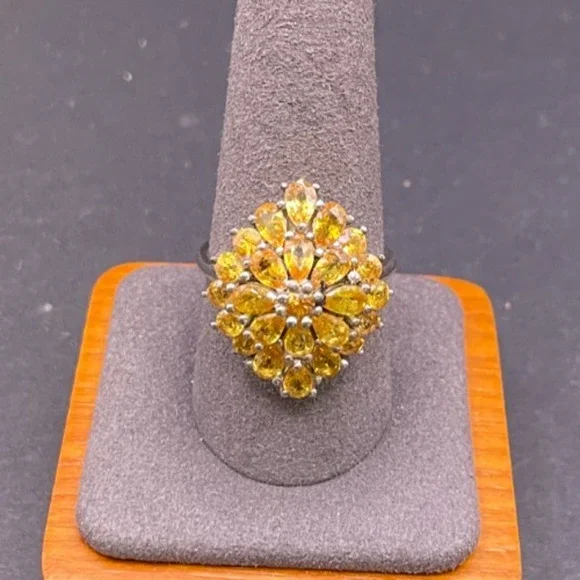 Vtg STS 925 Sterling Silver Yellow Citrine Cluster Cocktail Ring Size 10