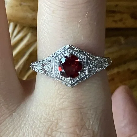 Natural Red Garnet Sterling Silver Art Deco Ring Size 9