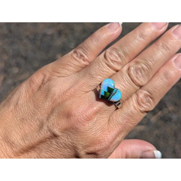 Handmade Navajo‎ Opal Inlay Heart Ring Sterling Native American Jewelry Sz 9.25*