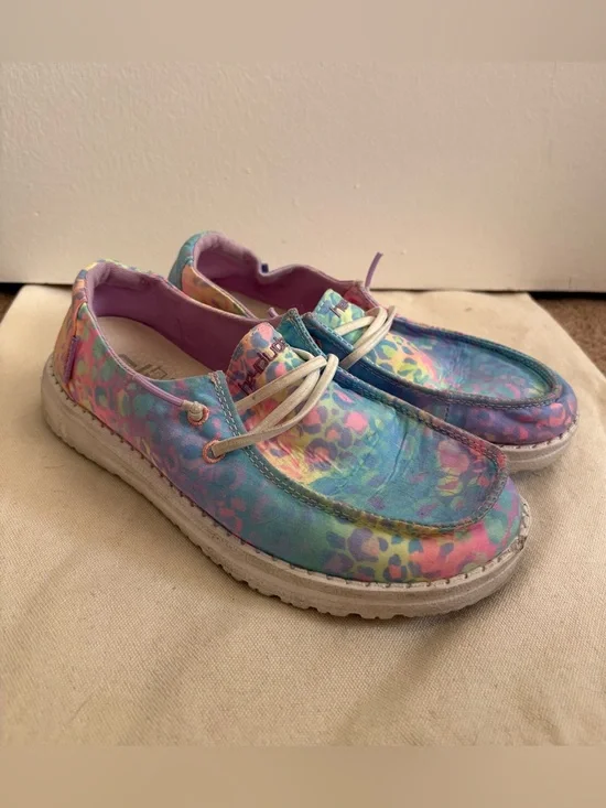 Hey Dude Wendy Youth Girls Fabric Lace Up Slip-on Shoes Leopard Rainbow US 3