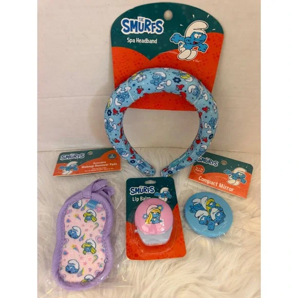 The Smurfs Spa Gift Set Headband Makeup Remover Pads Compact Mirror Lip Balm NEW