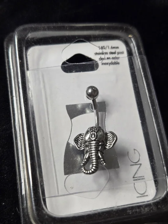 14G Antique Silver Tribal Elephant Head Belly Button Ring - Brand New Sealed