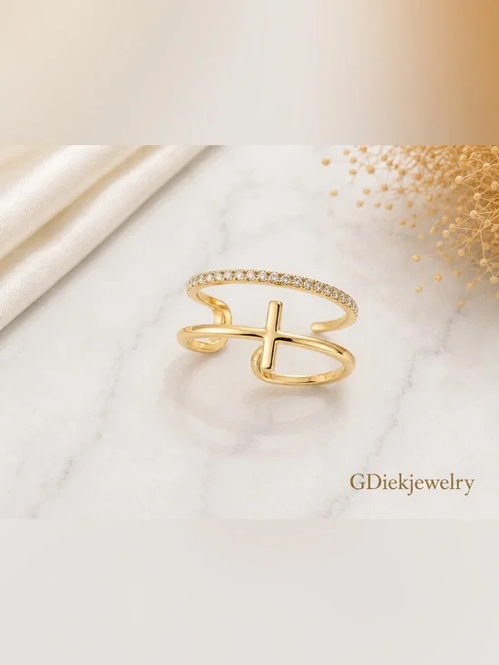 Goldfilled Cross Open Cuff Ring with Pavé Crystals Adjustable
