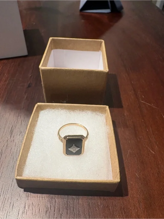 Gold-Tone Black Onyx Square Signet Ring with Center Accent