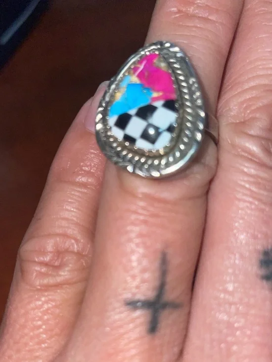 Silver stamped size 5.5 Teardrop Inlay Ring with Pink and Blue Accents