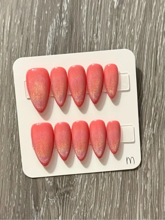 Shimmer Coral Pink Almond Press-On Nails - Luxury Salon Finish